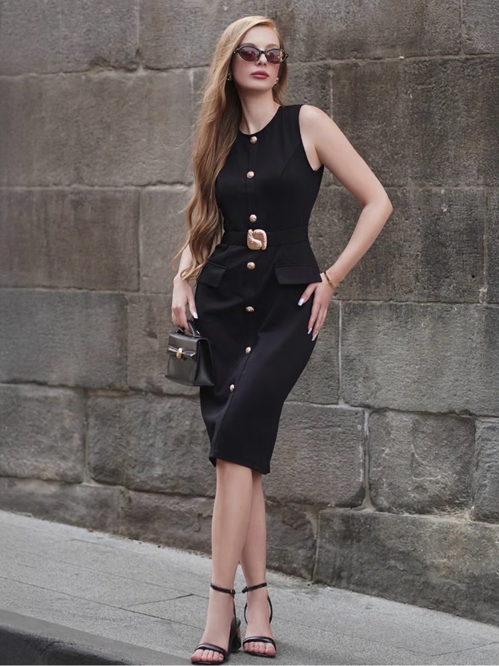 Grace Karin Black Sleeveless Midi Dress with Gold Buttons and Belt
